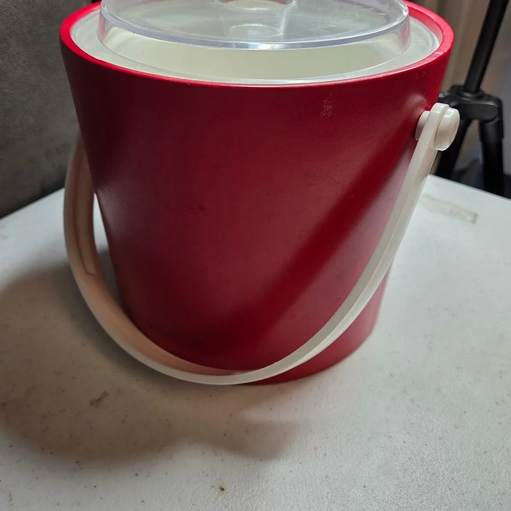 MCM Kraftware Red Ice Bucket with Clear Lid and White Handle Vintage Retro